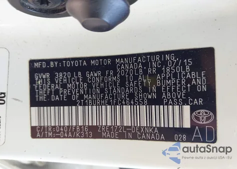 2015 Toyota Corolla Le из США, поврежденный, VIN 2T1BURHE1FC464558